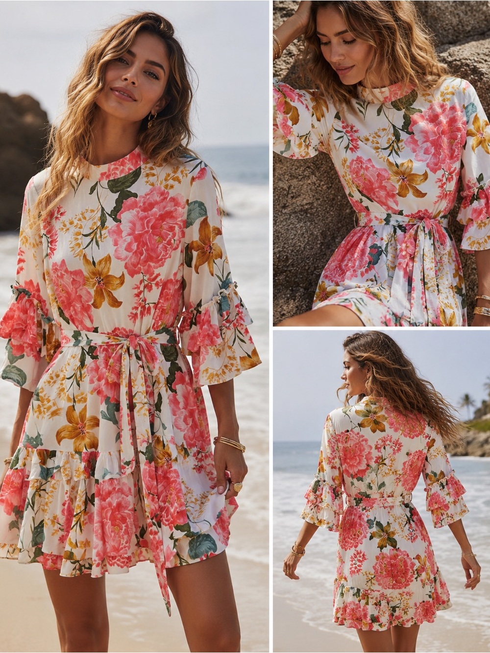 Petal & Pup Floral Mock Neck Ruffle Sleeve Tie Waist Mini Dress Size US Small